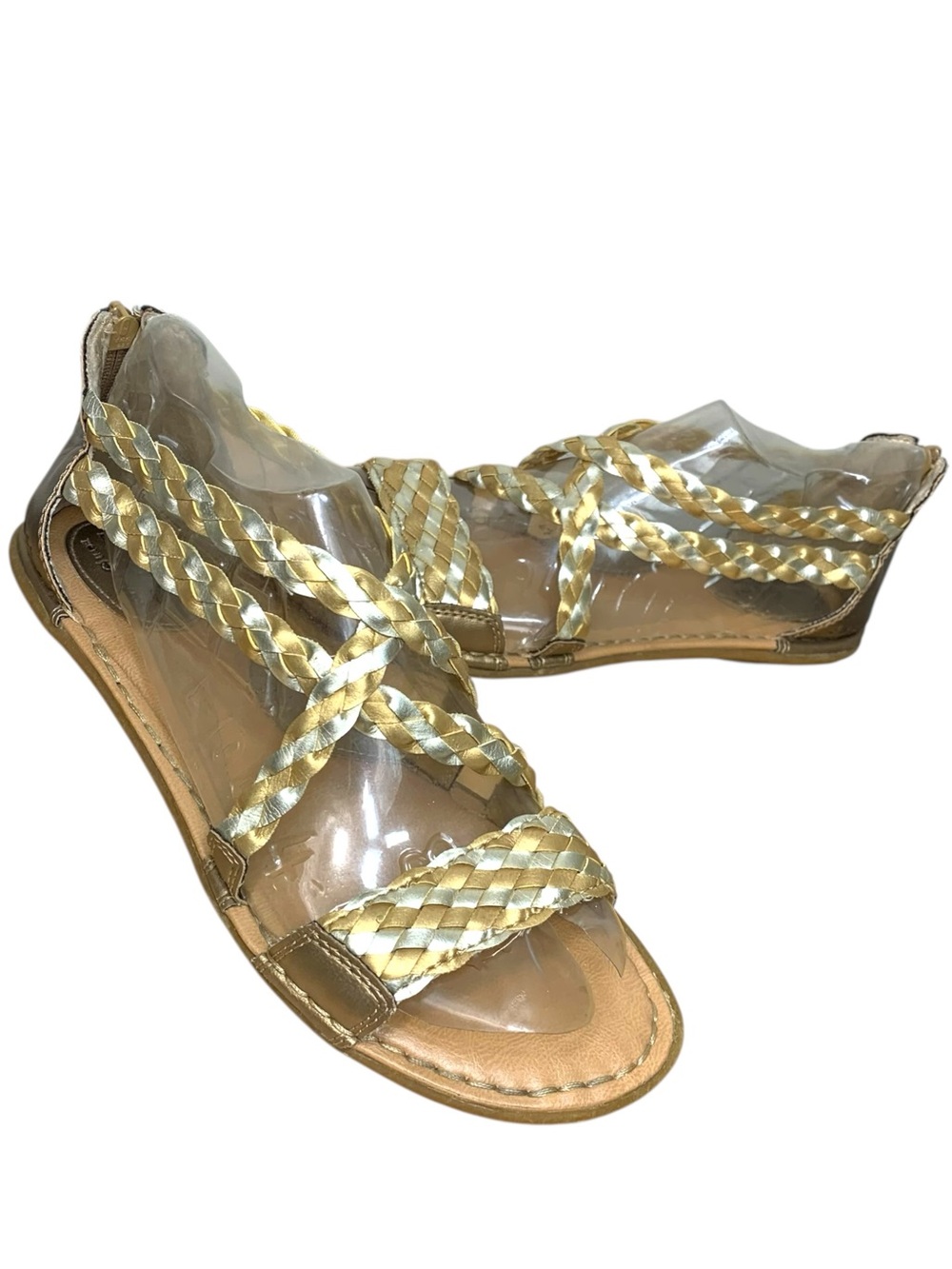 BOC Metallic Braided-Strapy Flat Sandals Sz 9 Back Zip Femine Boho Shoes